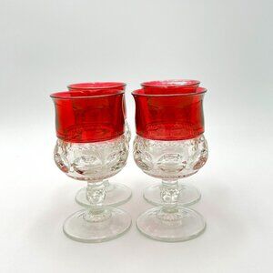 4 King’s Crown Ruby Red Flash Thumbprint Water/Wine Goblets 5.5"